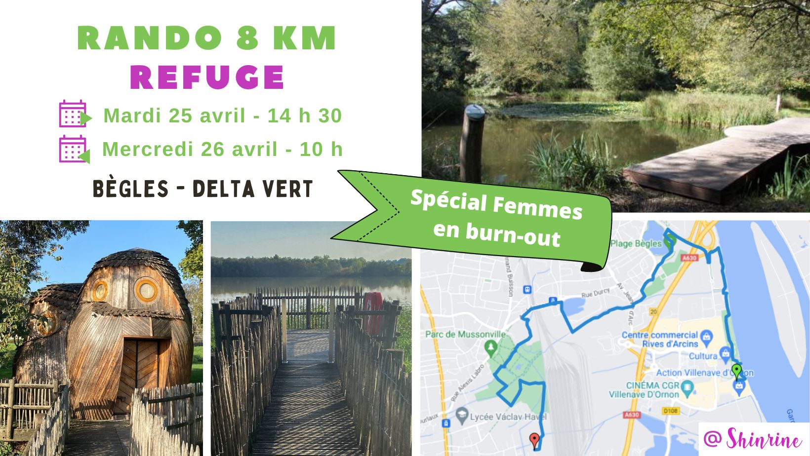 Micro-aventure entre femmes en burn-out à Bègles, du 25 au 26 avril. 🚶‍♀️Nous cheminerons sur 8 km, dans la vallée de l’Eau Bourde, le long du delta vert de Bègles, poumon naturel de la Métropole : parc de Mussonville, berges de Garonne, parc de l’Estey, bords de fleuve, Port Garonne.