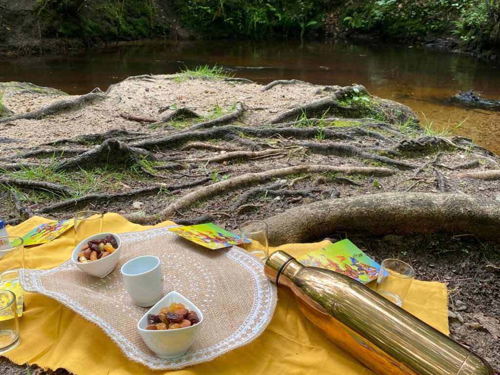 Une cérémonie du thé, de clôture d'un shinrin yoku, au bord de la rivière du Gât Mort à Cabanac.